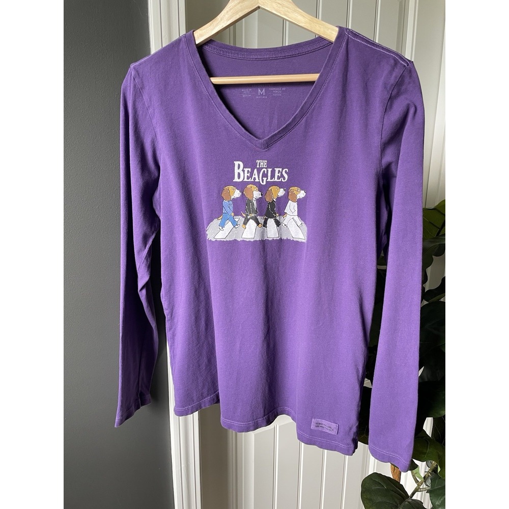 Life is Good The Beagles L/S Tee | Women's M | Purple | V-Neck | Cotton | Dogs